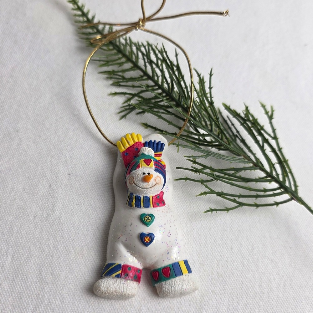 Avon 1998 Glittery Snowman Christmas Ornament Colorful Scarf Heart Buttons